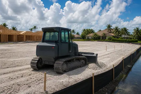 Small dozer leveling pale sand across a house pad west of Boca Raton, string lines up and erosion fabric run along the low canal-side edge